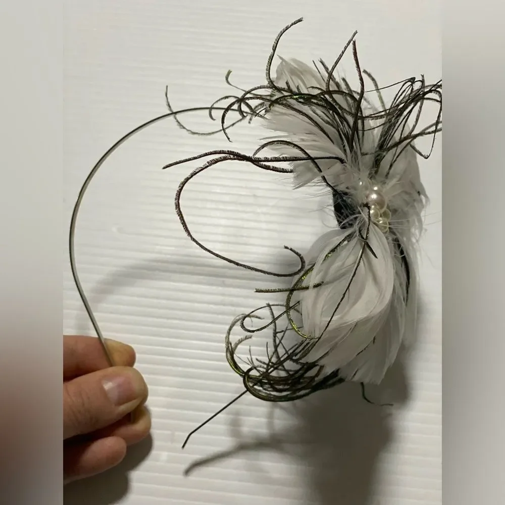 White Fascinator headband pearl feathers hair accessory wedding dance event